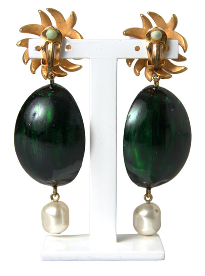 Dolce &amp; Gabbana Red Watermelon Gold Brass Crystal Clip Dangling Earrings