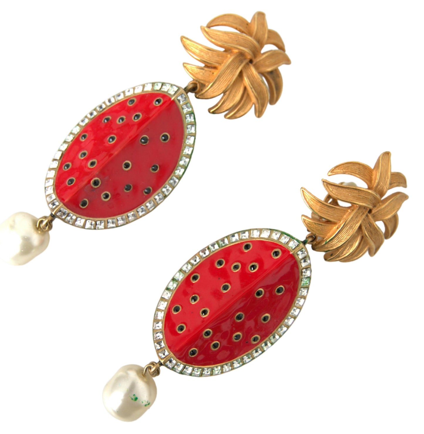 Dolce &amp; Gabbana Red Watermelon Gold Brass Crystal Clip Dangling Earrings