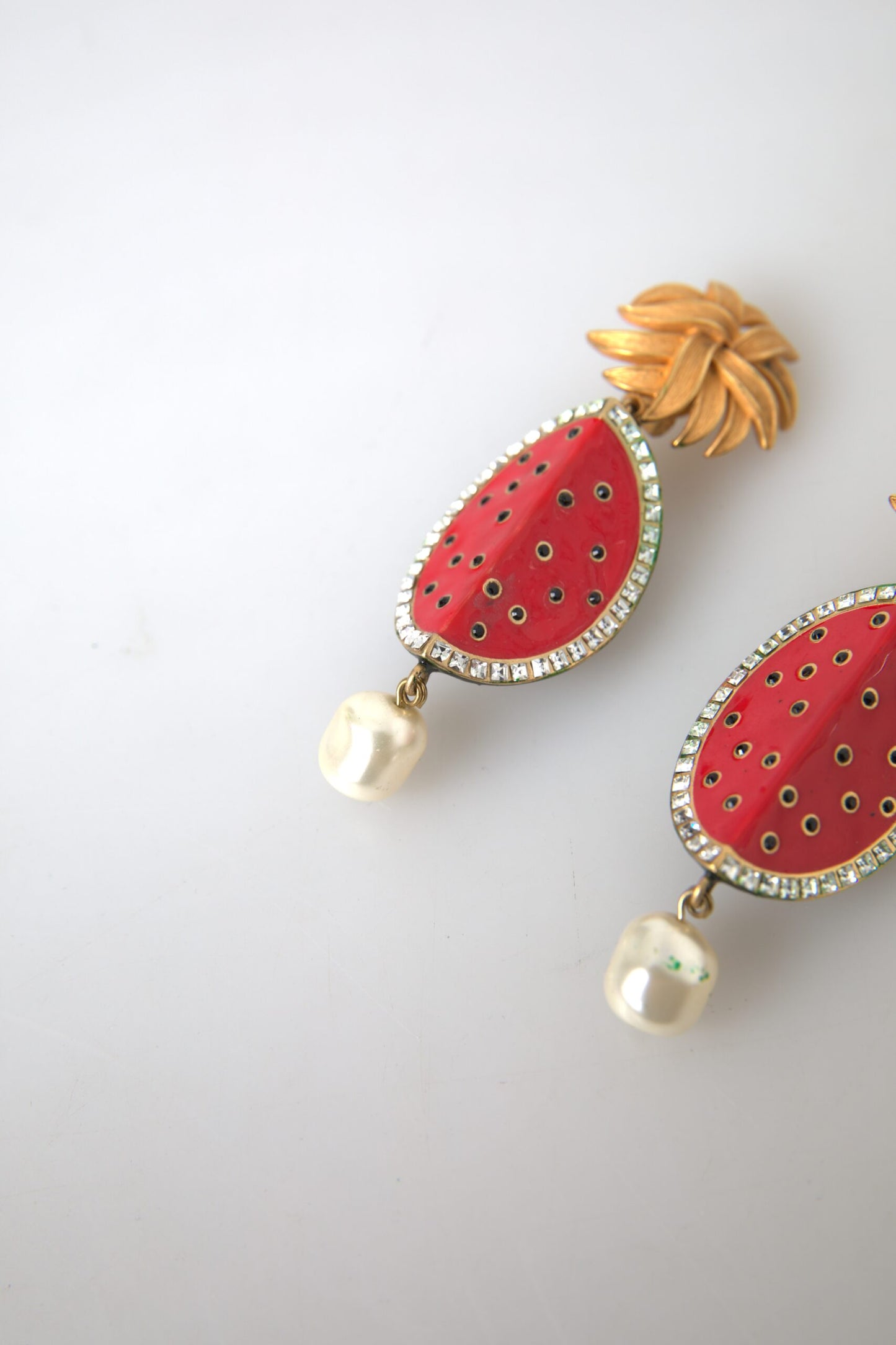 Dolce &amp; Gabbana Red Watermelon Gold Brass Crystal Clip Dangling Earrings