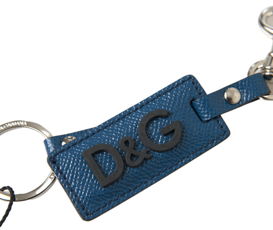 Dolce &amp; Gabbana Elegant Blue Leather Keychain with Silver Accents