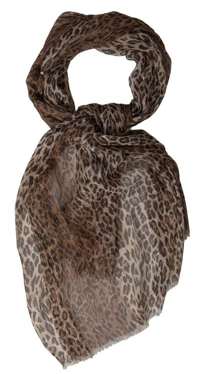 Dolce &amp; Gabbana Brown Leopard Silk Shawl Wrap Foulard Scarf