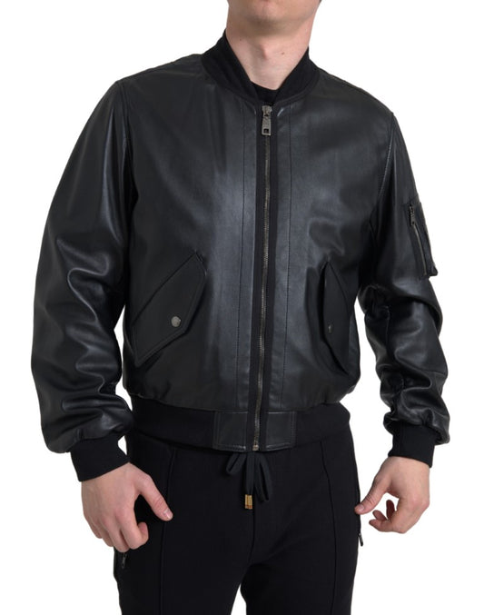 Dolce &amp; Gabbana Elegant Black Leather Bomber Jacket