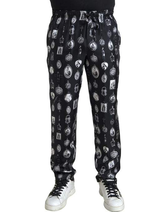 Dolce &amp; Gabbana Elegant Silk Joggers with Religious Print