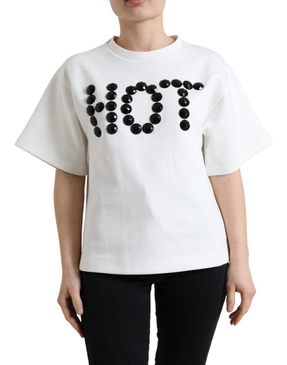 Dolce &amp; Gabbana T-shirt White Cotton Stretch Black HOT Crystal