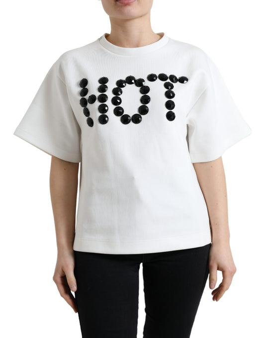 Dolce &amp; Gabbana T-shirt White Cotton Stretch Black HOT Crystal