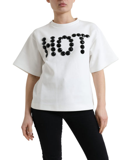 Dolce &amp; Gabbana T-shirt White Cotton Stretch Black HOT Crystal