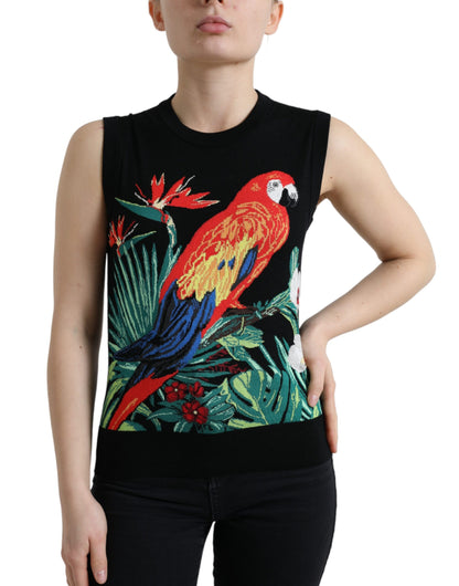 Dolce &amp; Gabbana Elegant Crew Neck Wool Silk Tank with Bird Embroidery