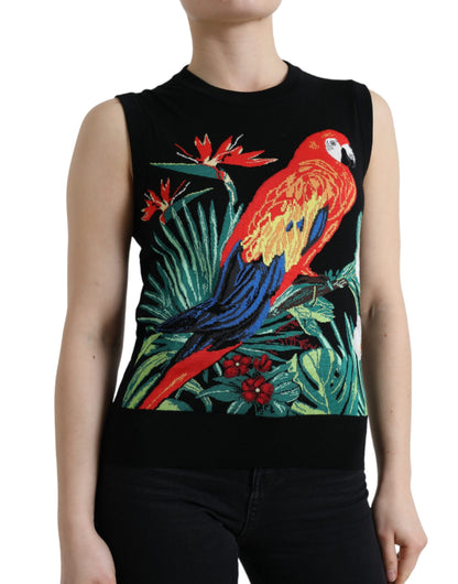 Dolce &amp; Gabbana Elegant Crew Neck Wool Silk Tank with Bird Embroidery