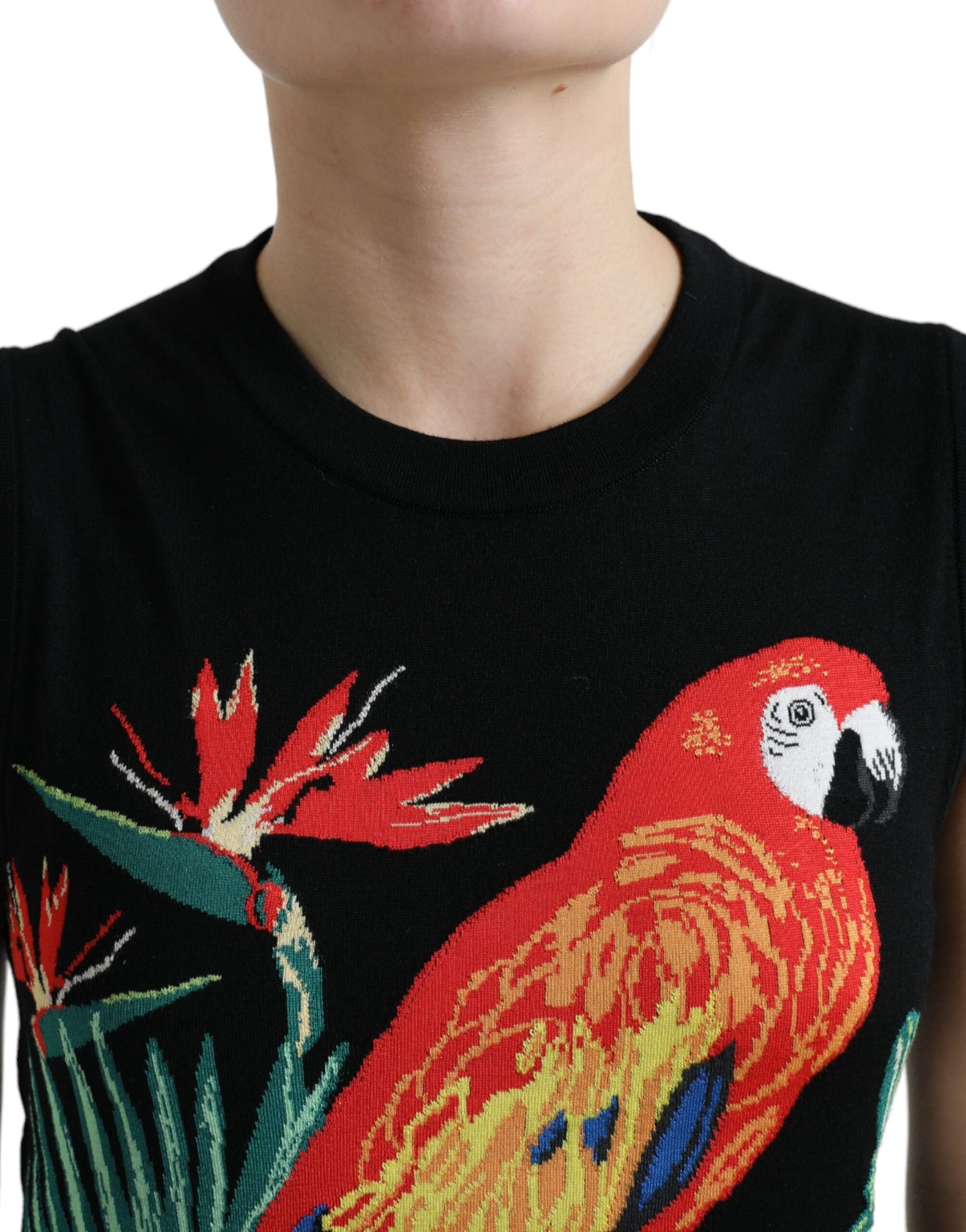 Dolce &amp; Gabbana Elegant Crew Neck Wool Silk Tank with Bird Embroidery