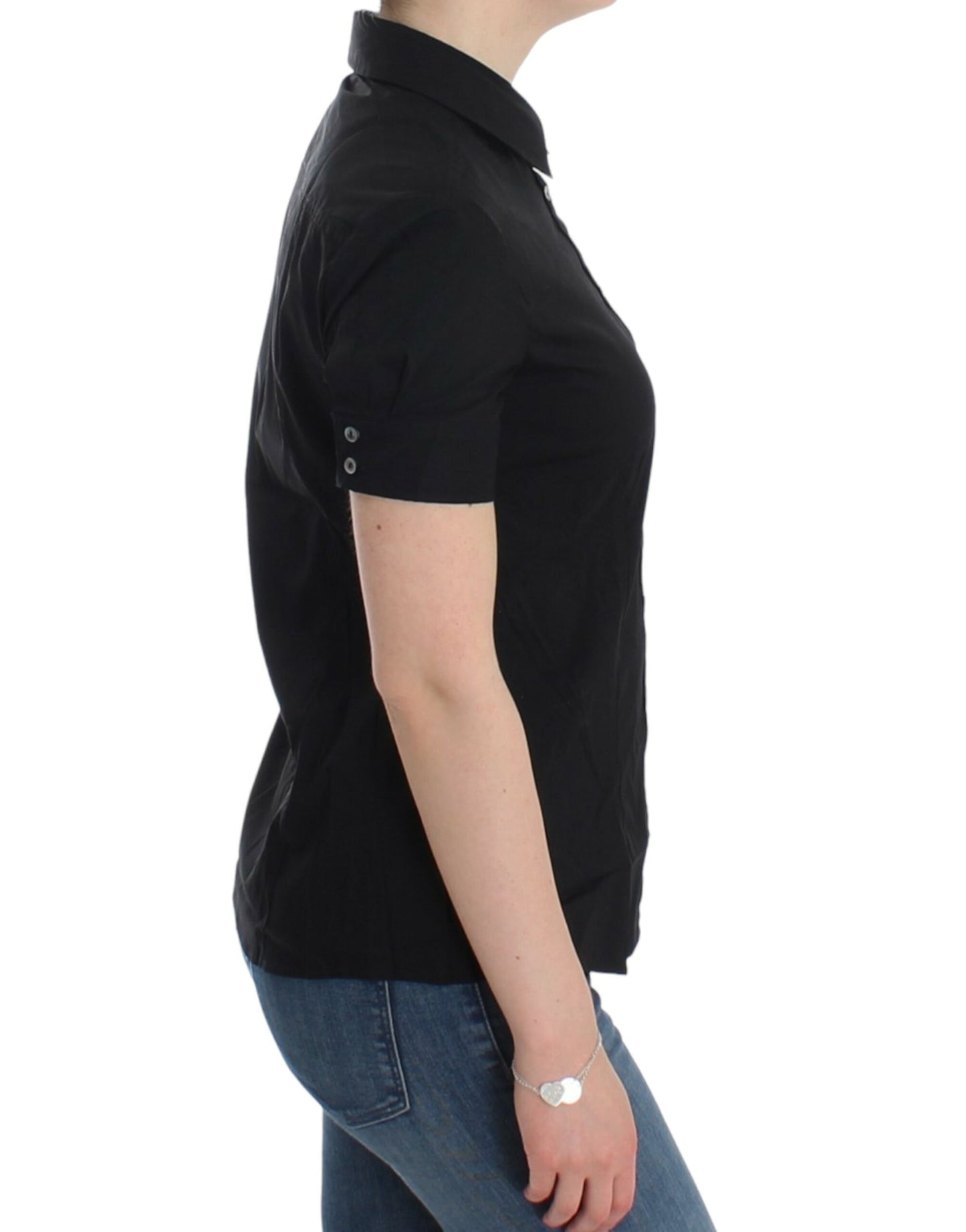 John Galliano Elegant Black Cotton Stretch Shortsleeve Blouse