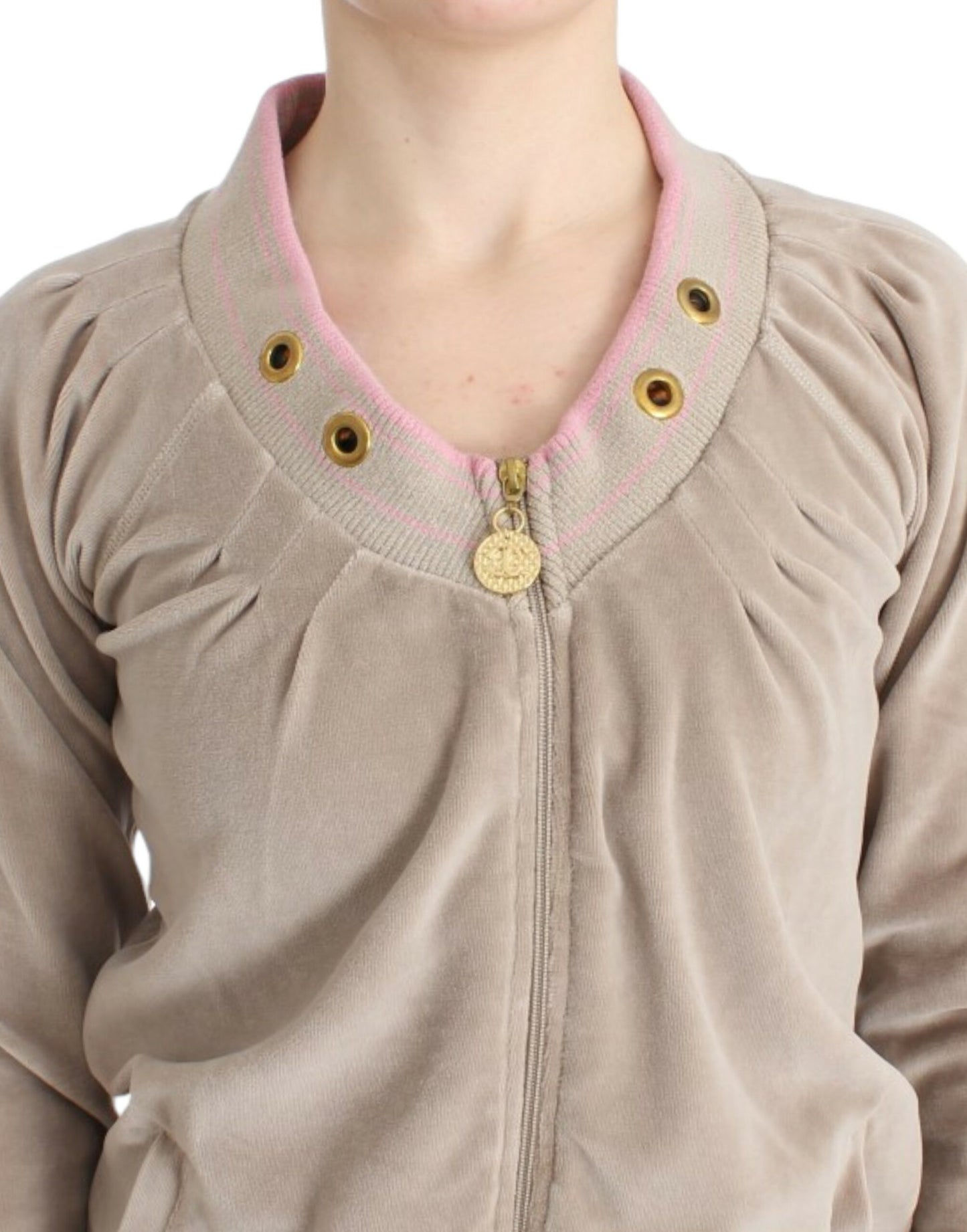 Cavalli Beige Zip Cardigan with Gold Tone Accents