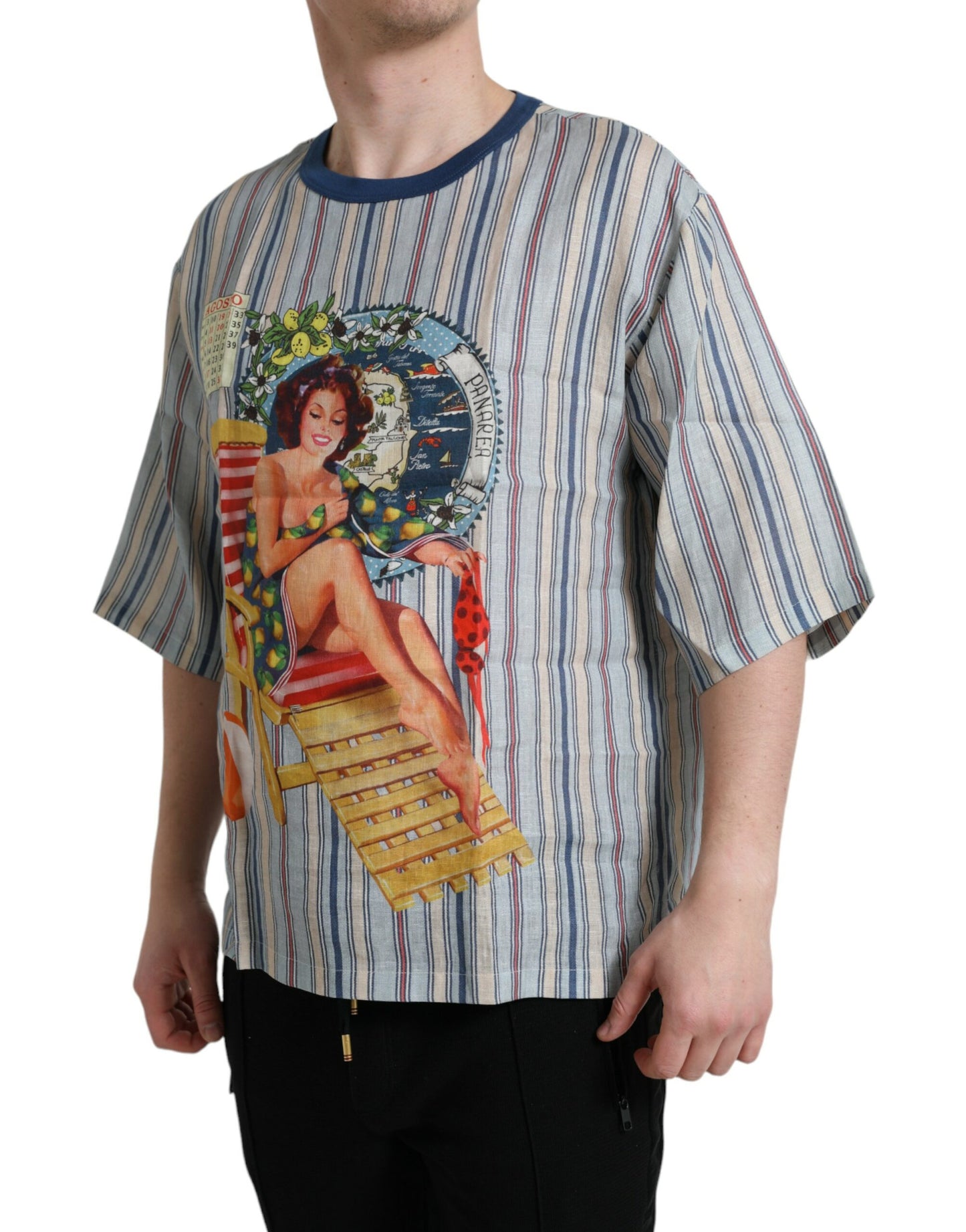 Dolce &amp; Gabbana Multicolor Agosto Print Linen T-shirt