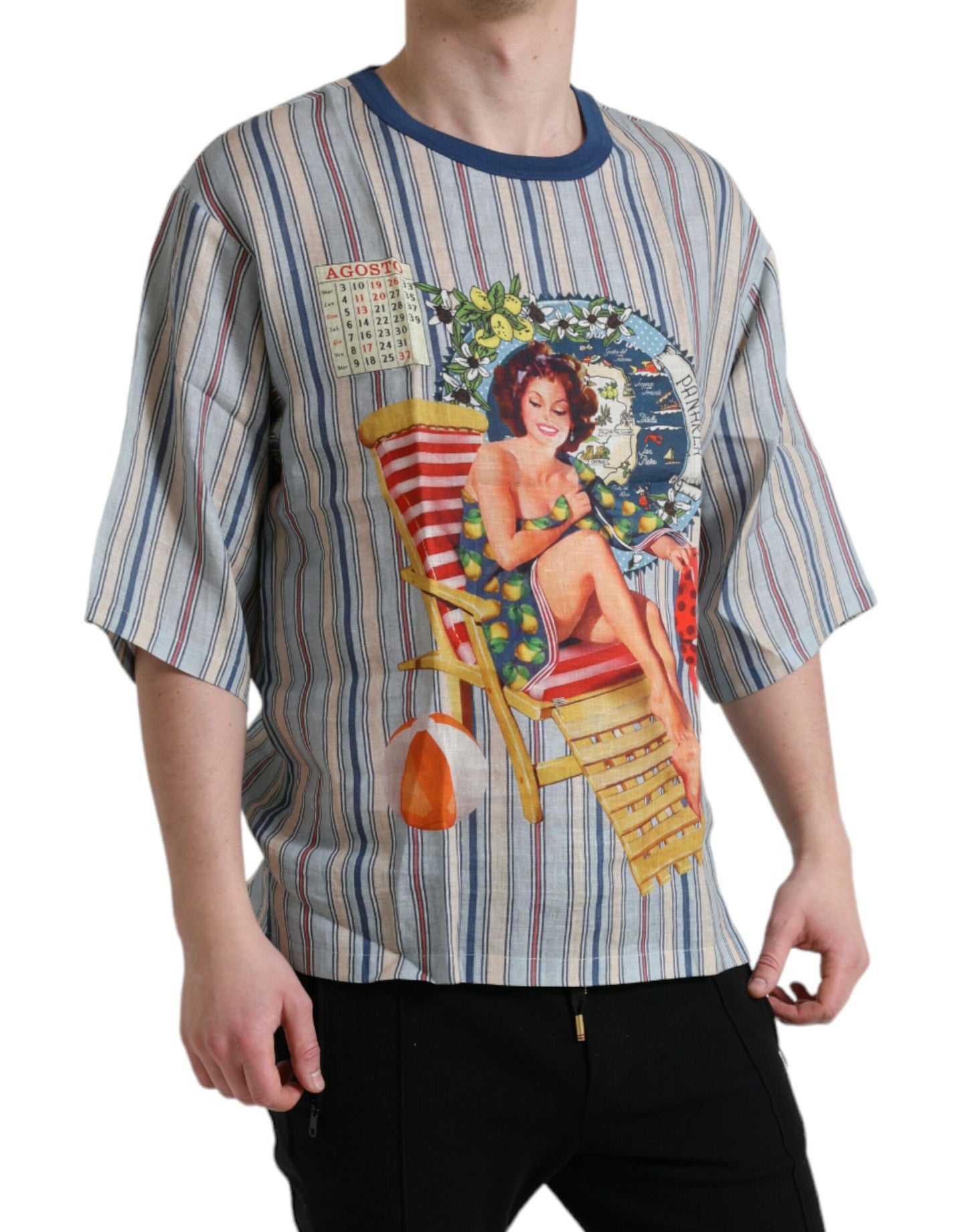 Dolce &amp; Gabbana Multicolor Agosto Print Linen T-shirt