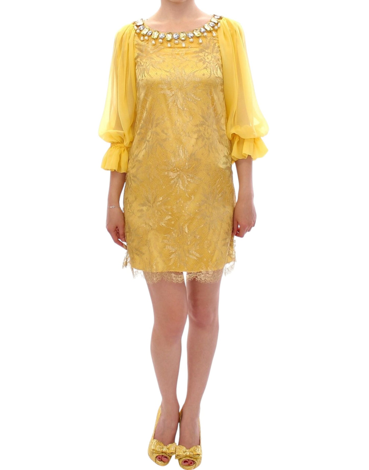 Dolce & Gabbana Yellow Lace Crystal Embellished Mini Dress