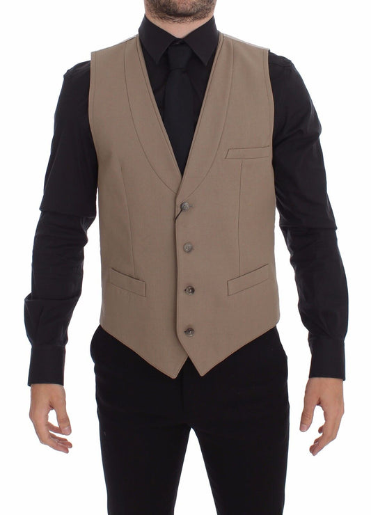 Dolce &amp; Gabbana Beige Cotton Slim Fit Button Front Dress Vest