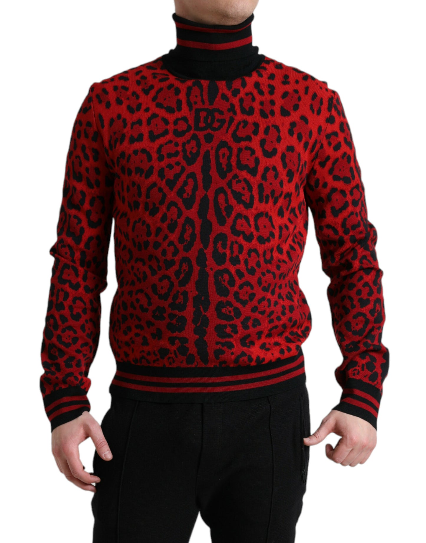 Dolce &amp; Gabbana Red Leopard Print Turtleneck Pullover Sweater