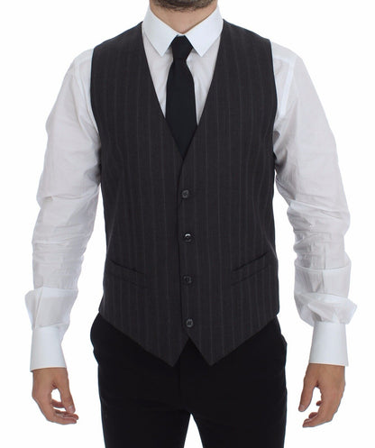 Dolce &amp; Gabbana Gray Striped Wool Logo Vest Weste Waistcoat