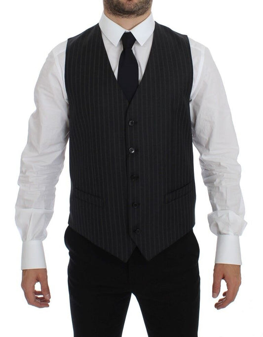 Dolce &amp; Gabbana Gray Striped Wool Logo Vest Weste Waistcoat