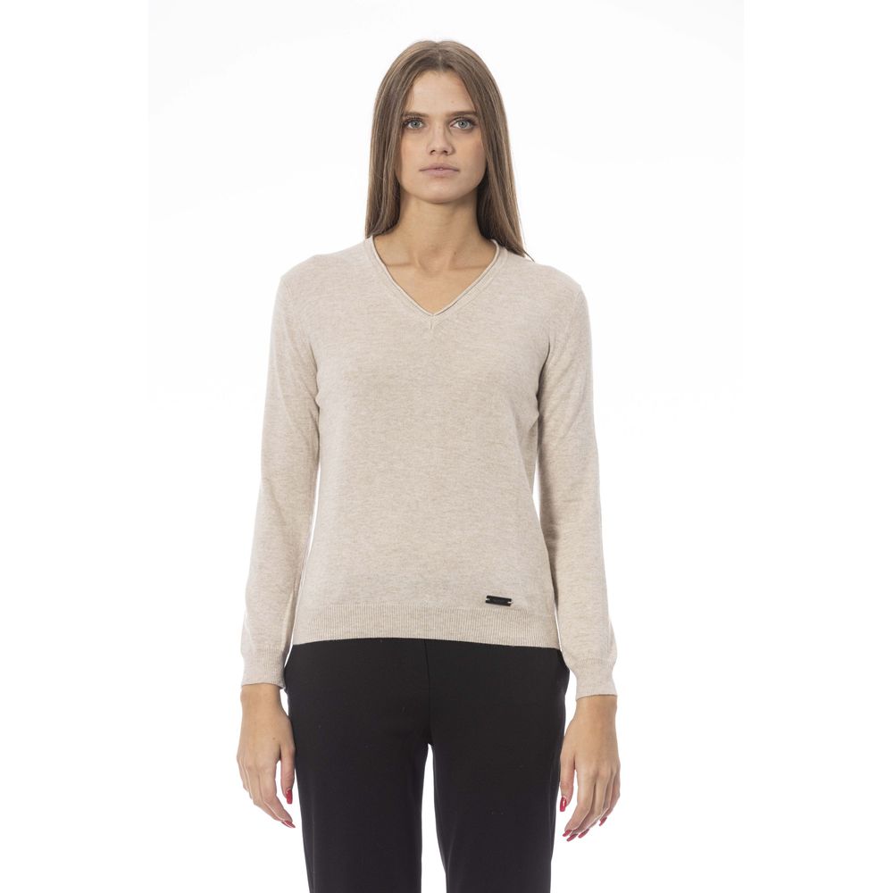 Baldinini Trend Elegant Beige V-Neck Sweater – Cozy &amp; Chic