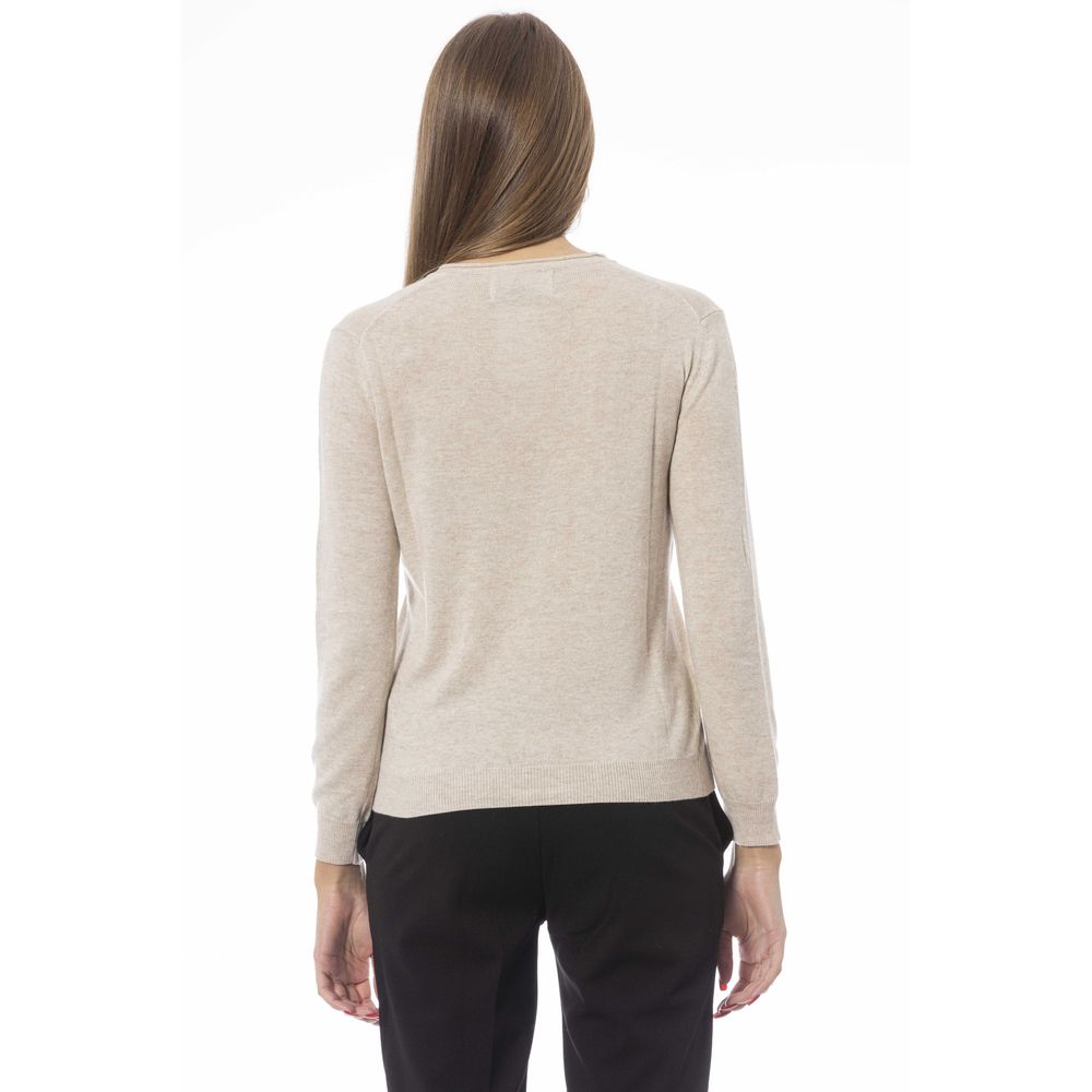 Baldinini Trend Elegant Beige V-Neck Sweater – Cozy &amp; Chic