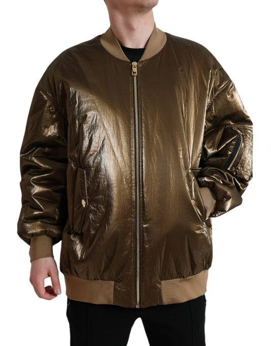 Dolce &amp; Gabbana Bronze Nylon Full Zip Men Bomber Jacket