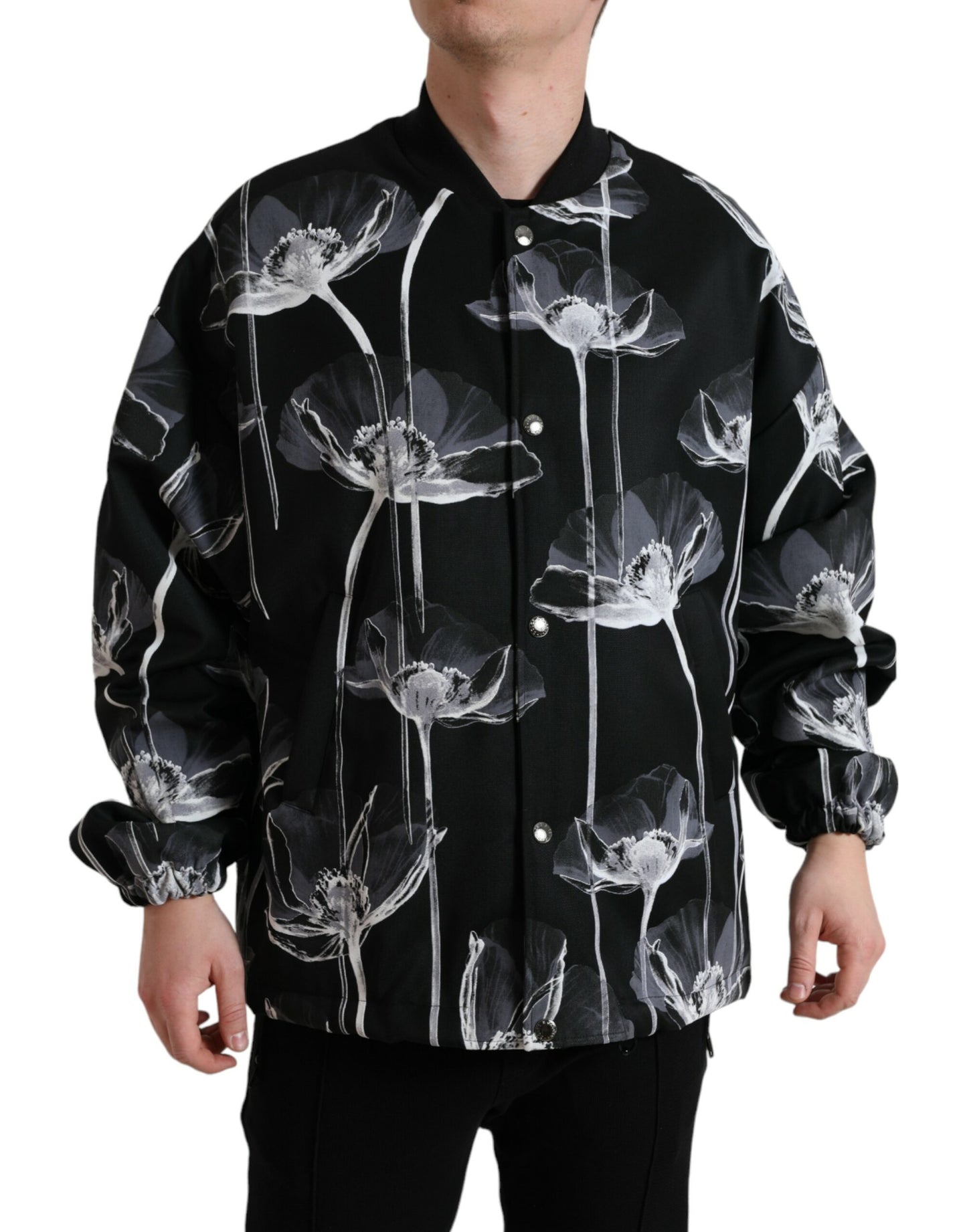 Dolce &amp; Gabbana Black Floral Print Wool Button Down Bomber Jacket