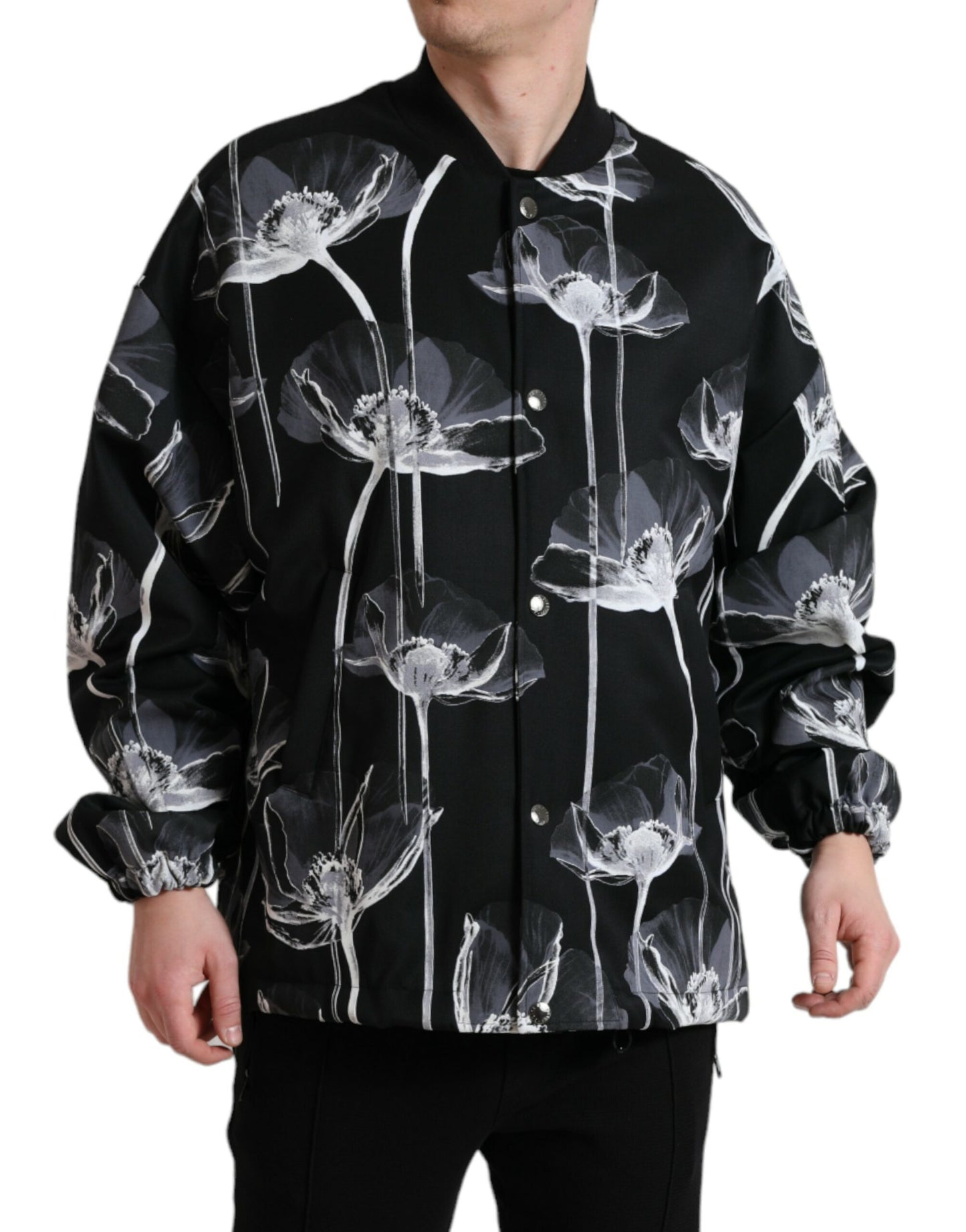 Dolce &amp; Gabbana Black Floral Print Wool Button Down Bomber Jacket