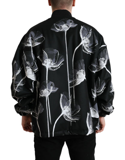 Dolce &amp; Gabbana Black Floral Print Wool Button Down Bomber Jacket