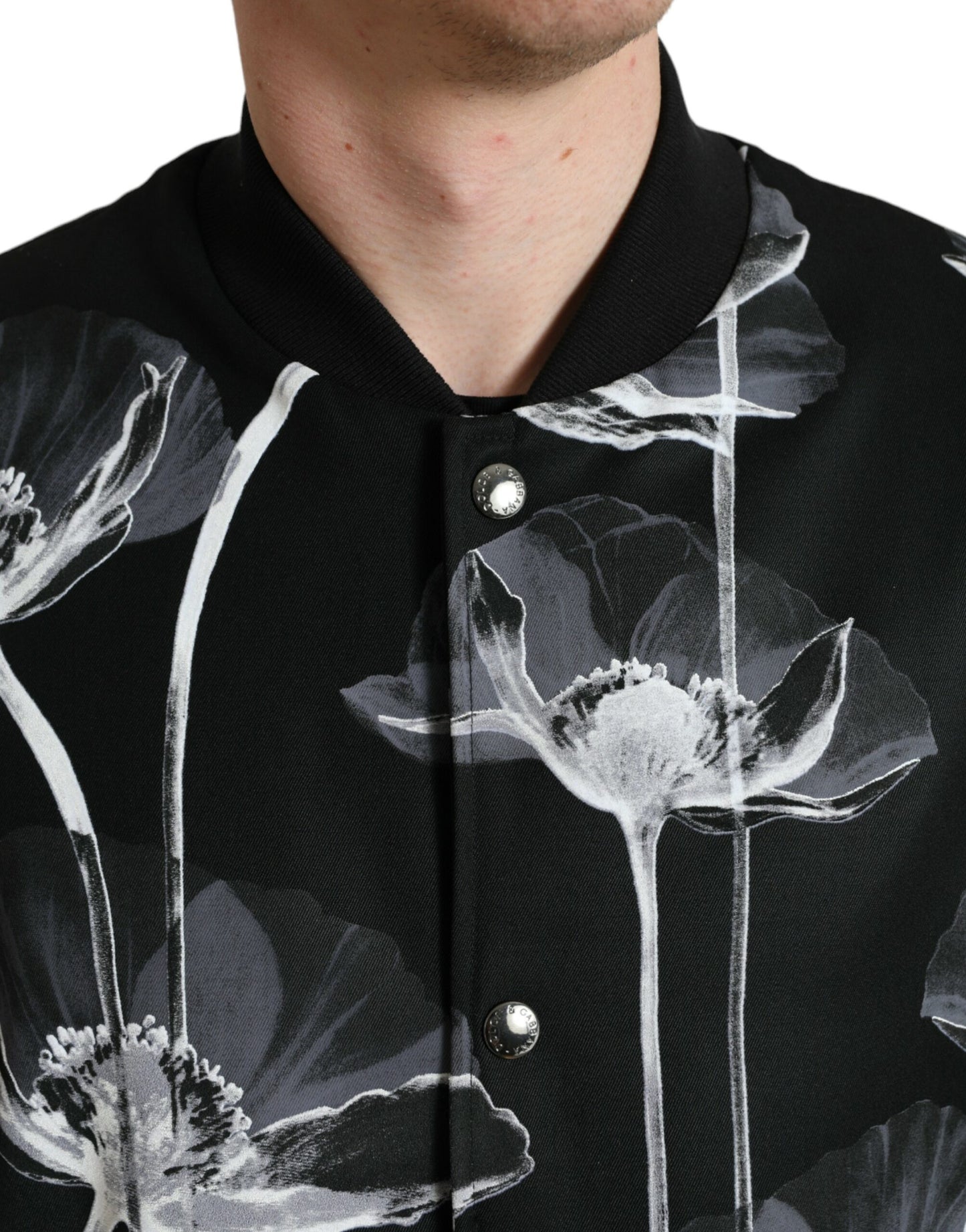 Dolce &amp; Gabbana Black Floral Print Wool Button Down Bomber Jacket