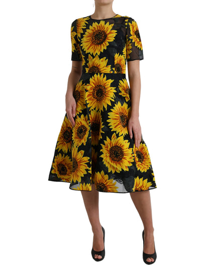 Dolce &amp; Gabbana Black Sunflower Print Nylon A-line Midi Dress