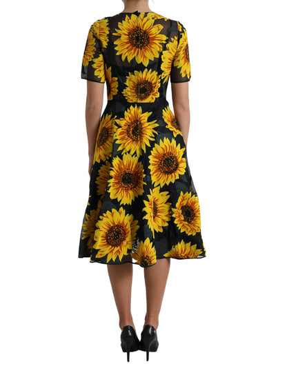 Dolce &amp; Gabbana Black Sunflower Print Nylon A-line Midi Dress