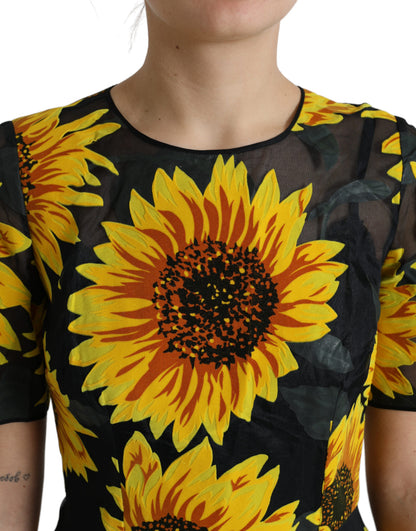 Dolce &amp; Gabbana Black Sunflower Print Nylon A-line Midi Dress