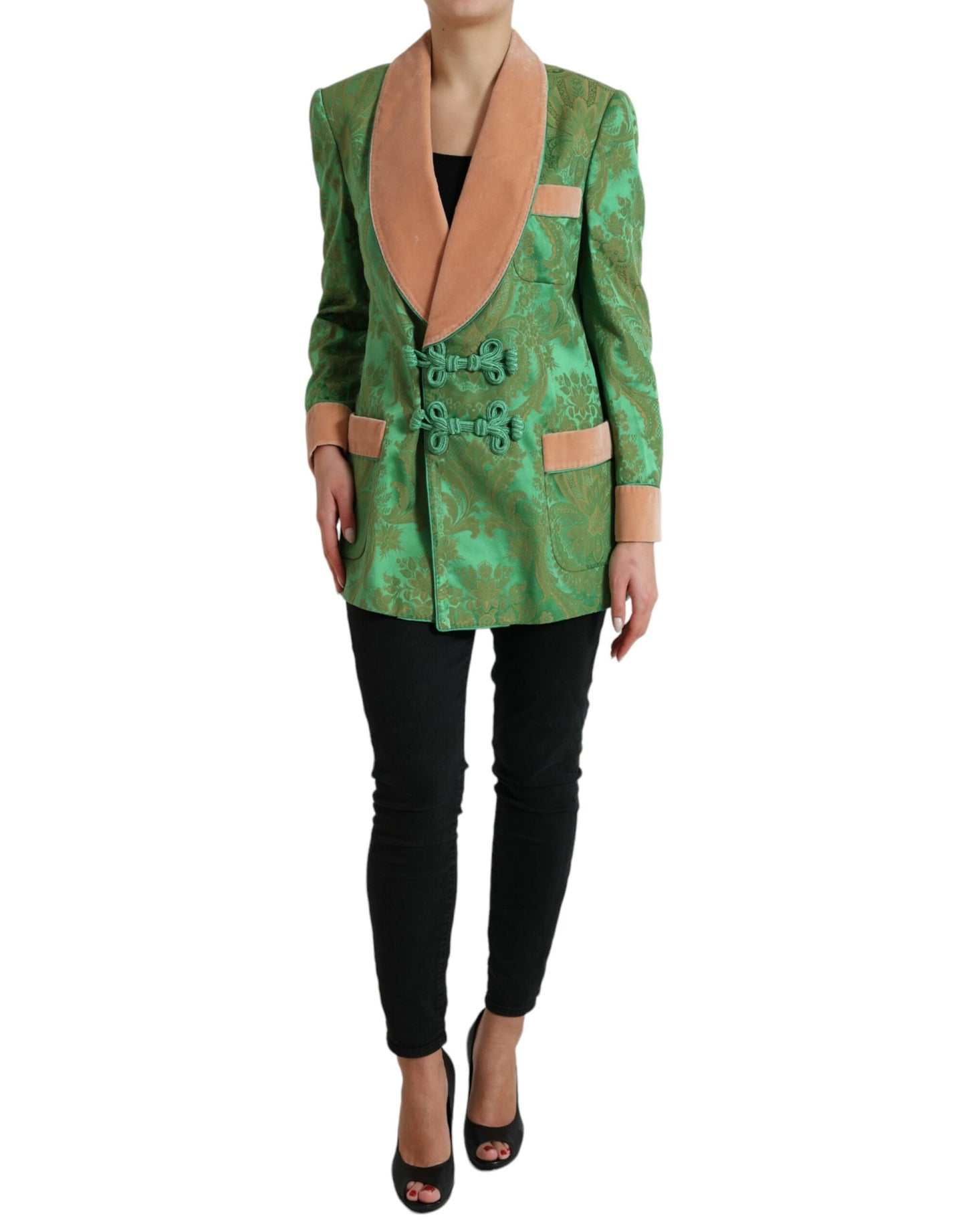 Dolce &amp; Gabbana Green Floral Double Breasted Coat Jacket