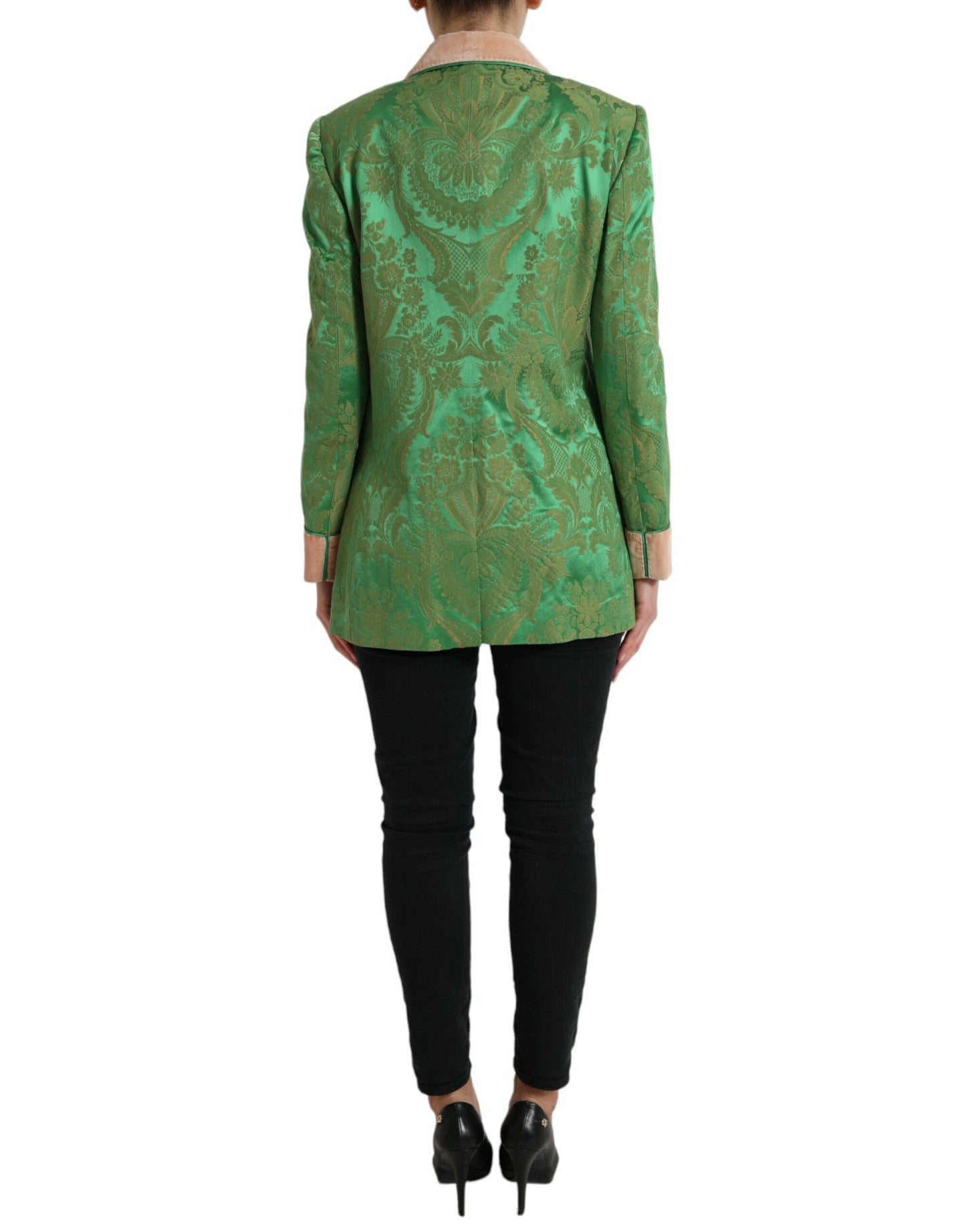 Dolce &amp; Gabbana Green Floral Double Breasted Coat Jacket