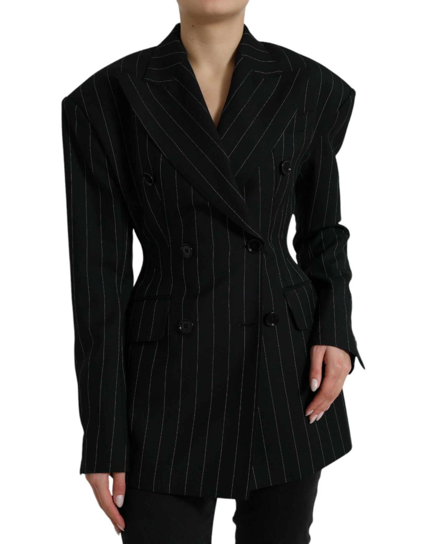 Dolce &amp; Gabbana Black Striped Wool DoubleBreasted Coat Jacket