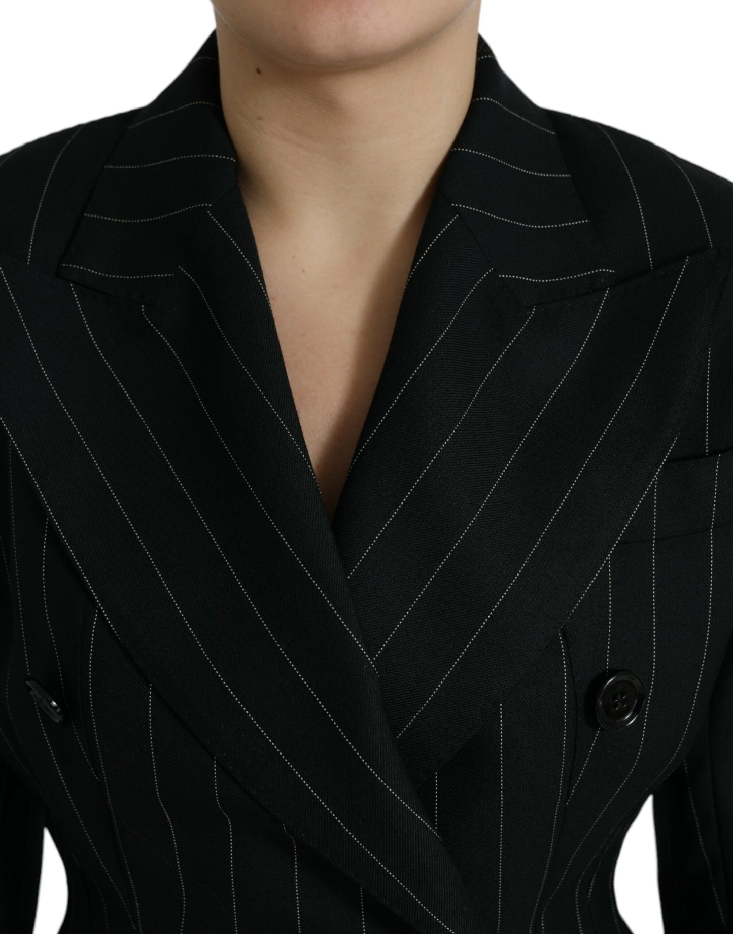 Dolce &amp; Gabbana Black Striped Wool DoubleBreasted Coat Jacket