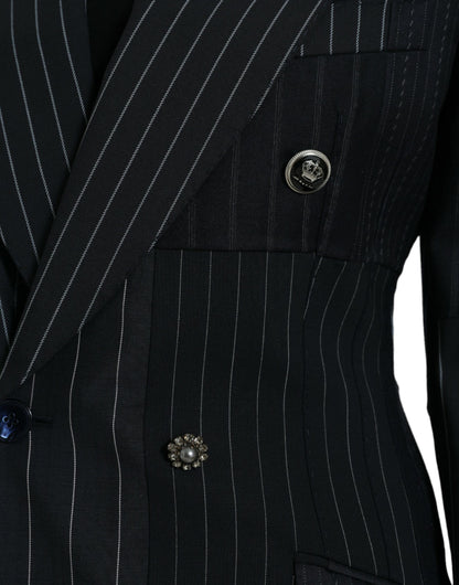 Dolce &amp; Gabbana Black Striped Wool DoubleBreasted Coat Jacket