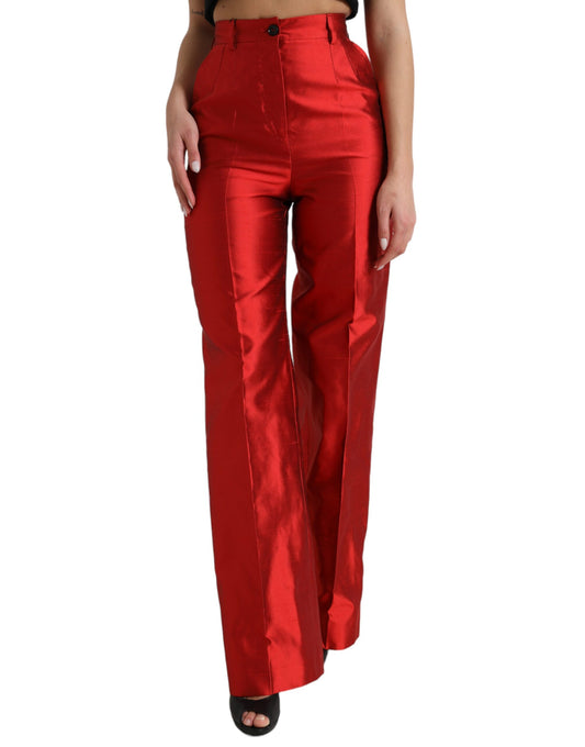 Dolce &amp; Gabbana Red Satin Silk High Waist Wide Leg Pants