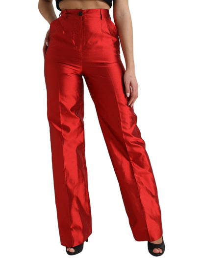 Dolce &amp; Gabbana Red Satin Silk High Waist Wide Leg Pants