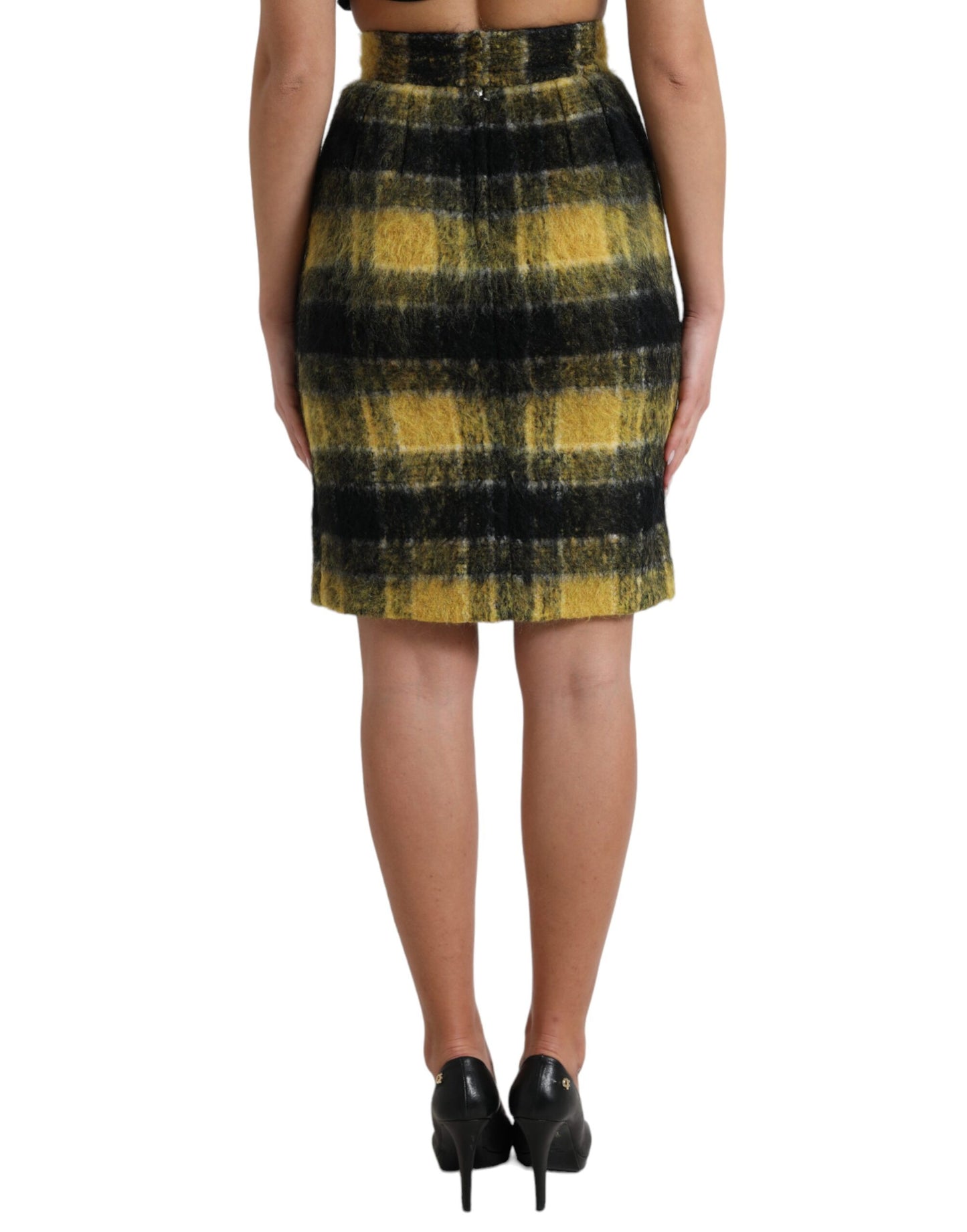 Dolce &amp; Gabbana Yellow Black Brushed Checked Wool Pencil Cut Skirt