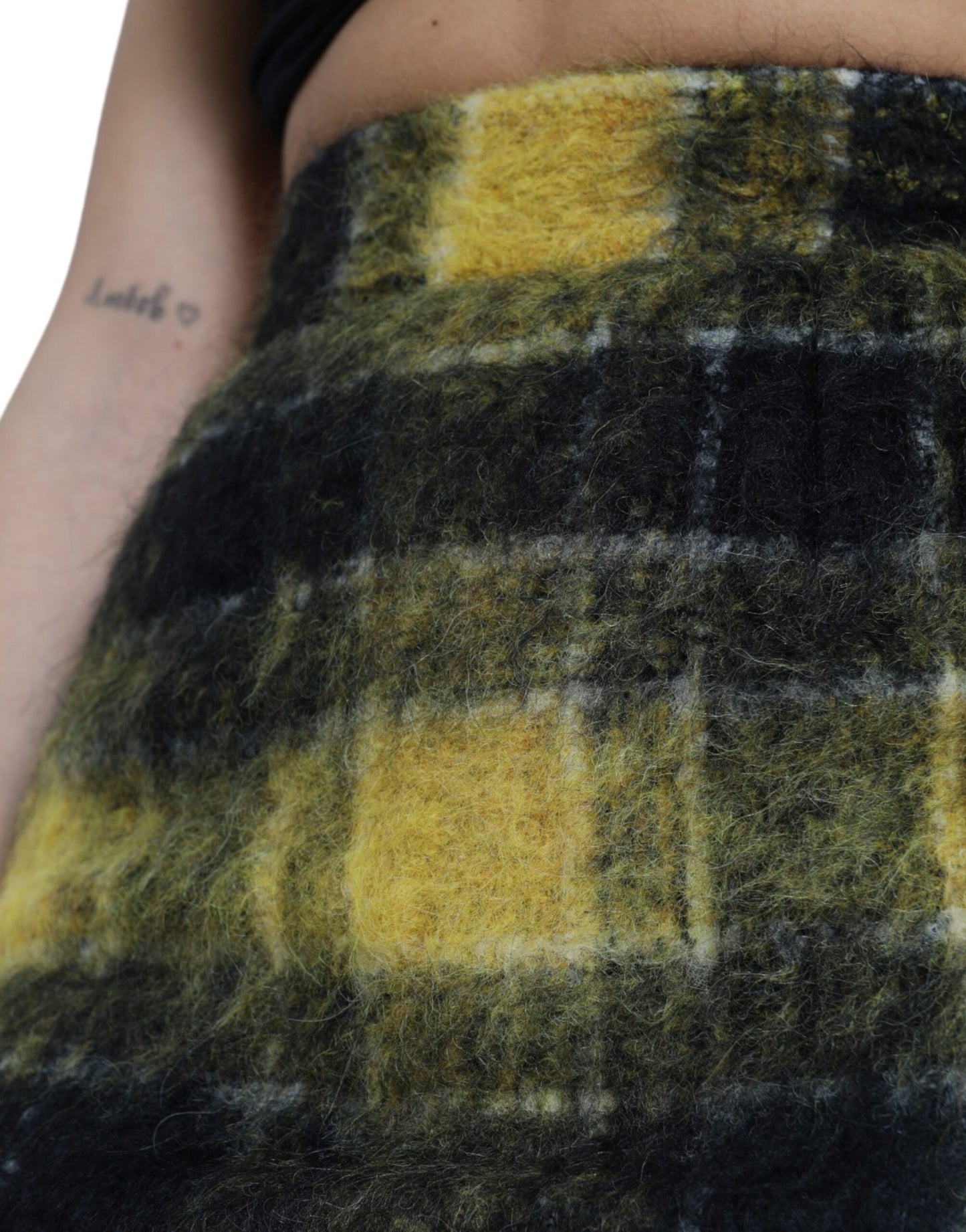 Dolce &amp; Gabbana Yellow Black Brushed Checked Wool Pencil Cut Skirt