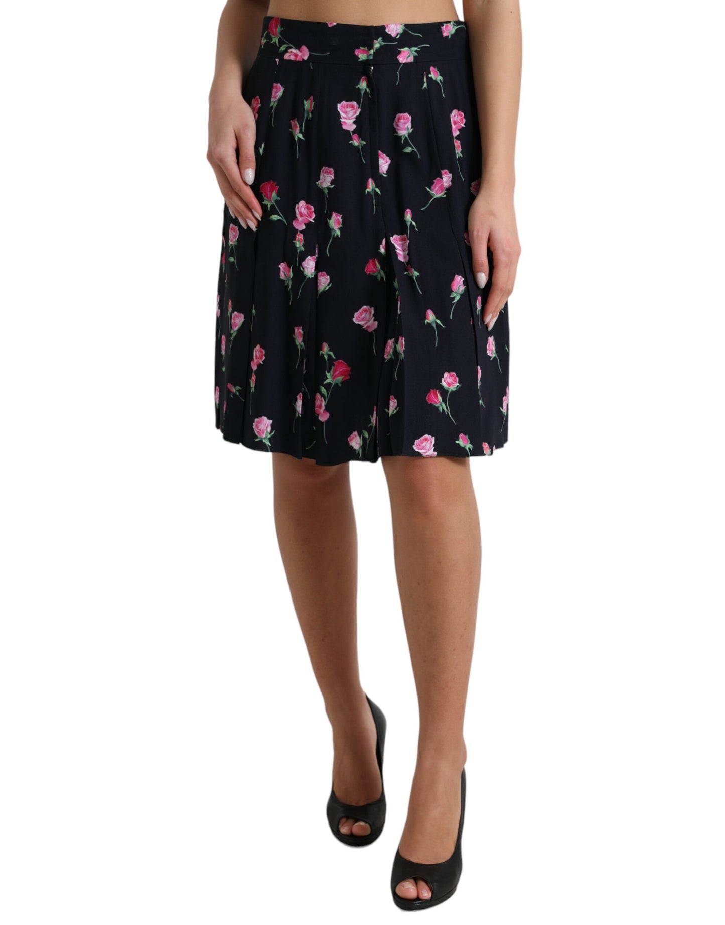 Dolce &amp; Gabbana Black Rose High Waist A-line Knee Length Skirt