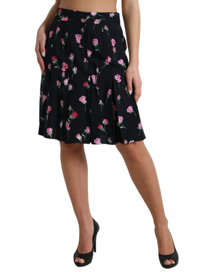 Dolce &amp; Gabbana Black Rose High Waist A-line Knee Length Skirt