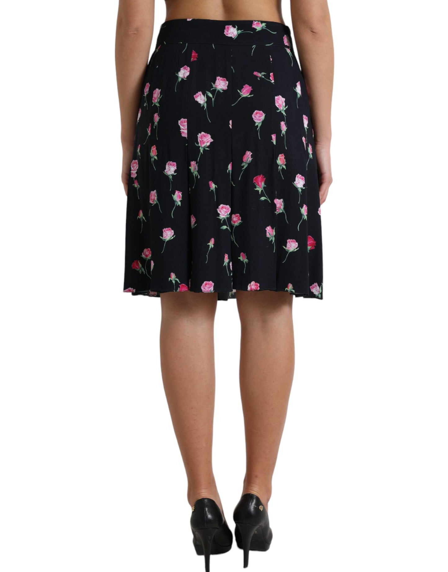 Dolce &amp; Gabbana Black Rose High Waist A-line Knee Length Skirt