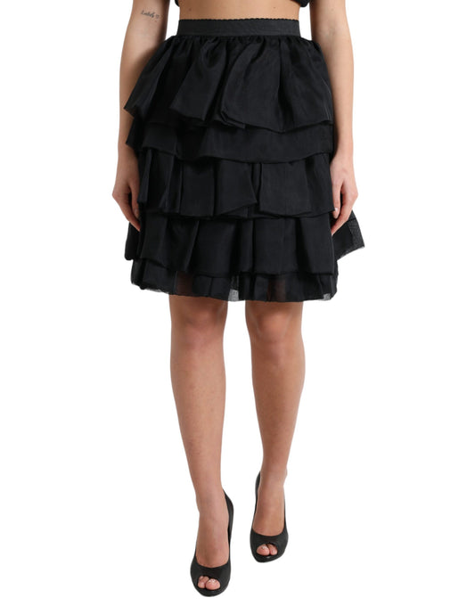 Dolce &amp; Gabbana Black Tiered Aline High Waist Silk Mini Skirt