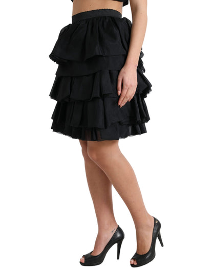 Dolce &amp; Gabbana Black Tiered Aline High Waist Silk Mini Skirt