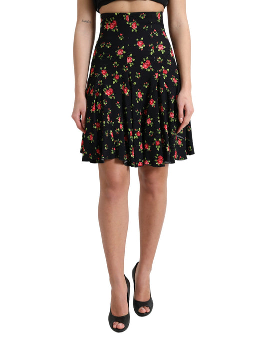 Dolce &amp; Gabbana Black Rose Print High Waist A-line Mini Skirt