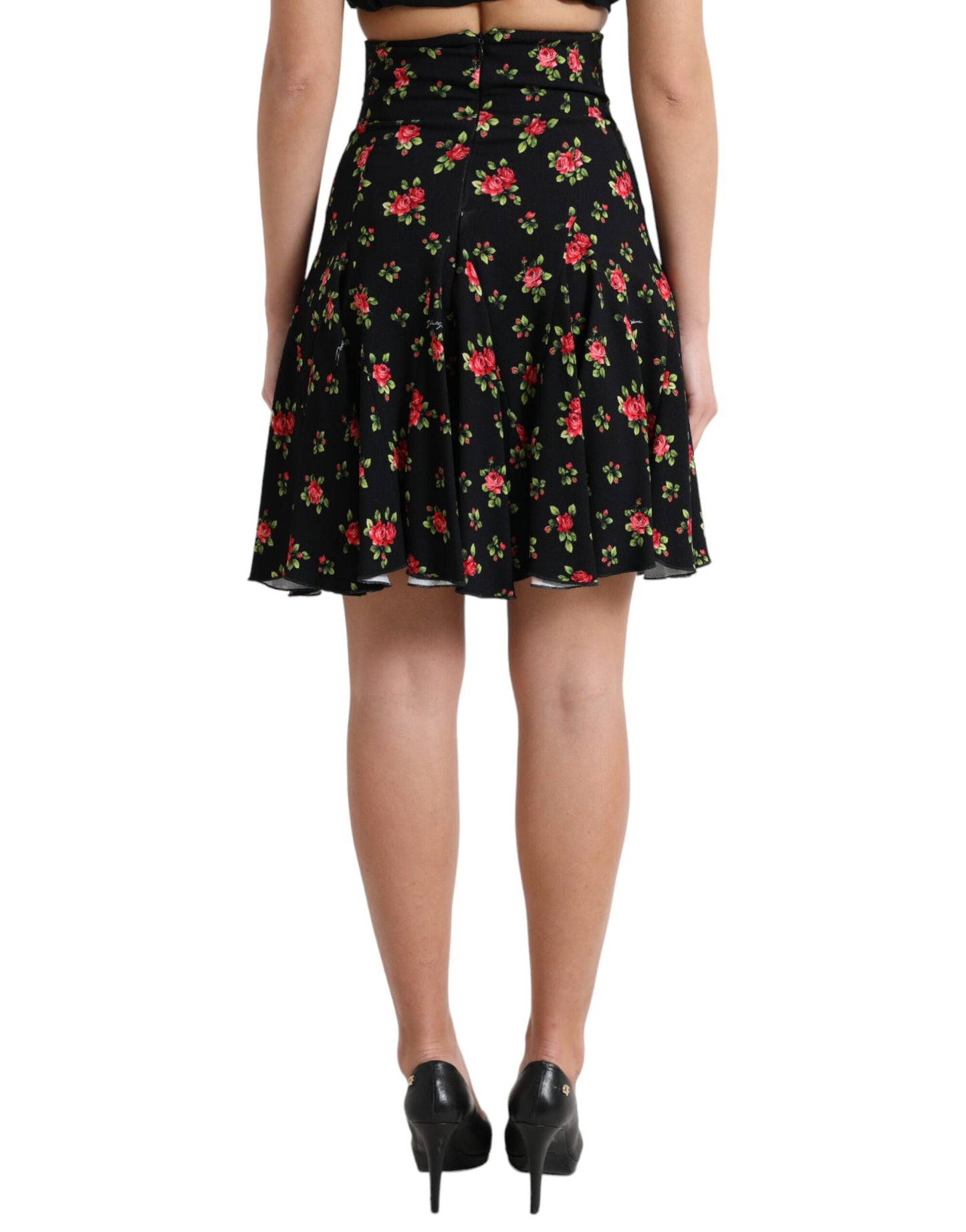 Dolce &amp; Gabbana Black Rose Print High Waist A-line Mini Skirt