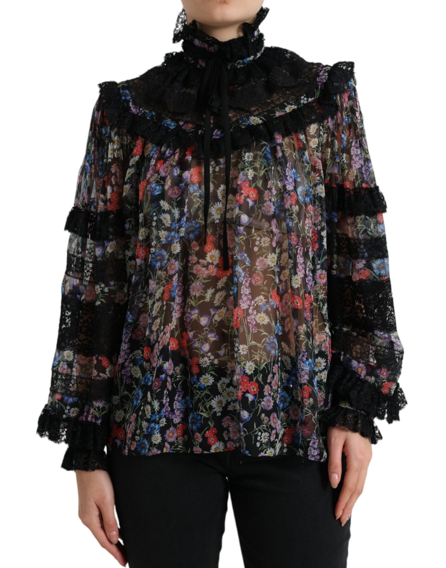 Dolce &amp; Gabbana Black Floral Print Long Sleeves Blouse Top