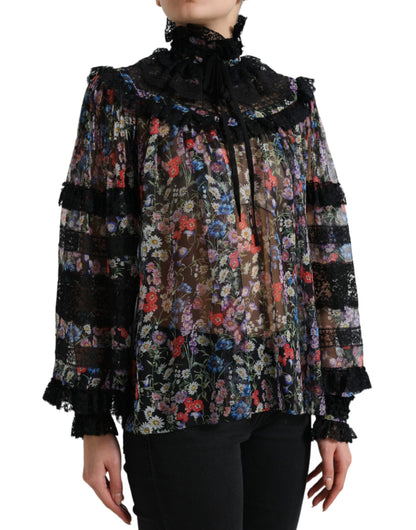 Dolce &amp; Gabbana Black Floral Print Long Sleeves Blouse Top